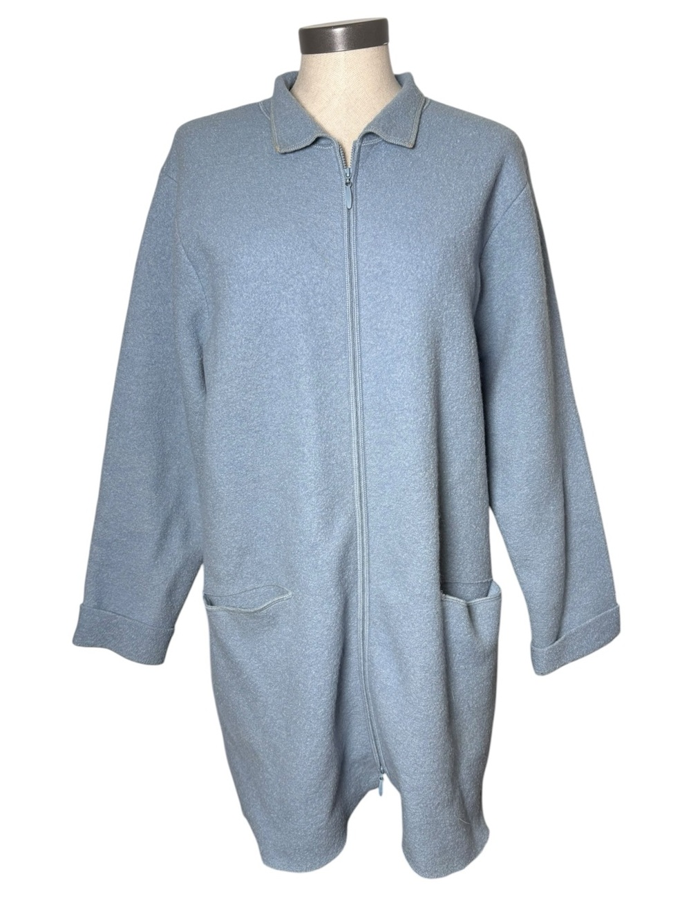 Eileen Fisher 100% Wool Blue Long Zip Jacket Coat Large